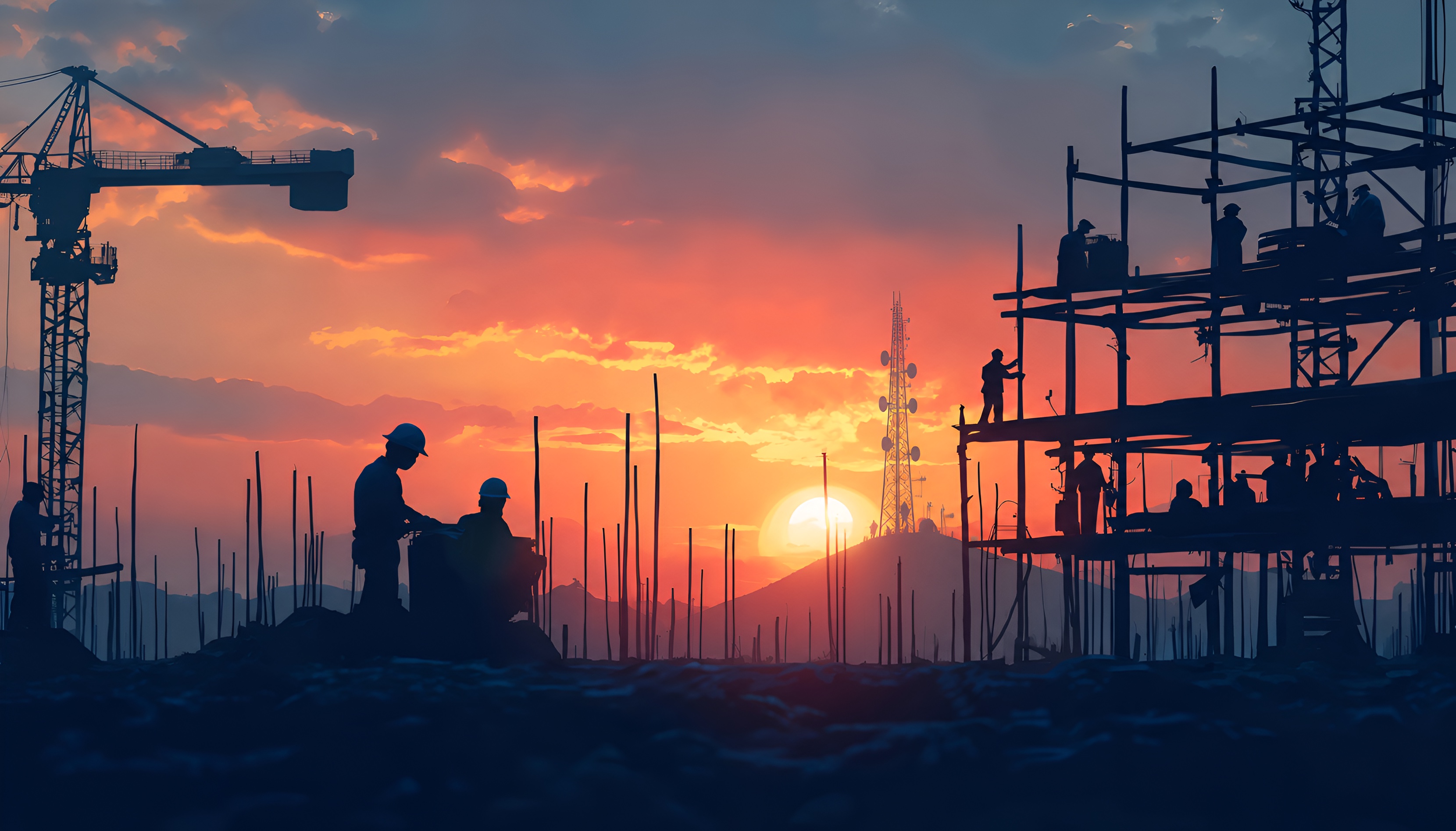 Construction and infrastructure worksite at sunset